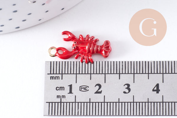 Pendentif homard émail rouge zamac doré 21mm, x1 (G10619)