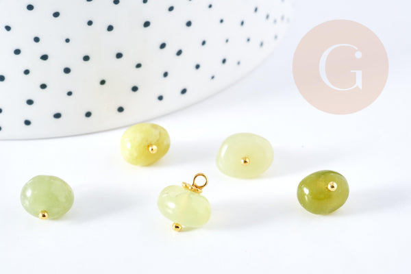 Pendentif jade olive naturel laiton doré 13-14mm, x1 (G8643)