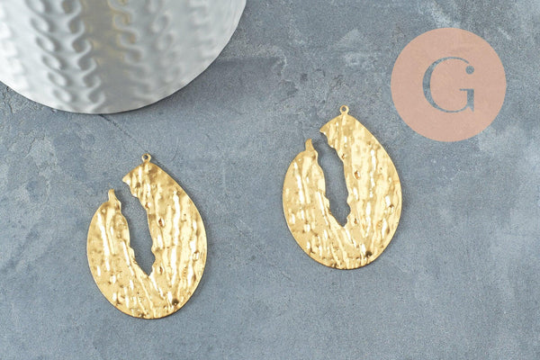 Pendentif laiton doré goutte évidée martelé, breloques laiton brut sans nickel pour création bijoux géométrique,42mm, X2 (G4679)