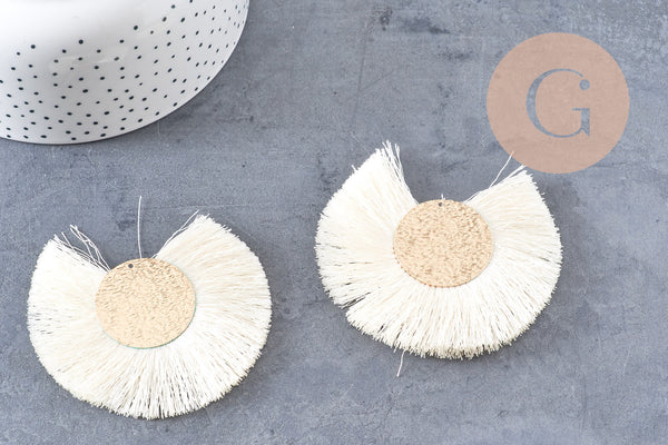 Pendentif large pompon fil blanc écru or support doré,création boucles oreille, pendentif fil or, 70-80mm, x 2 (G4531)