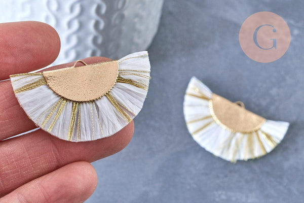 Pendentif large pompon fil blanc or 14mm, pendentif pour création de boucles xxL, x2 (G4136)