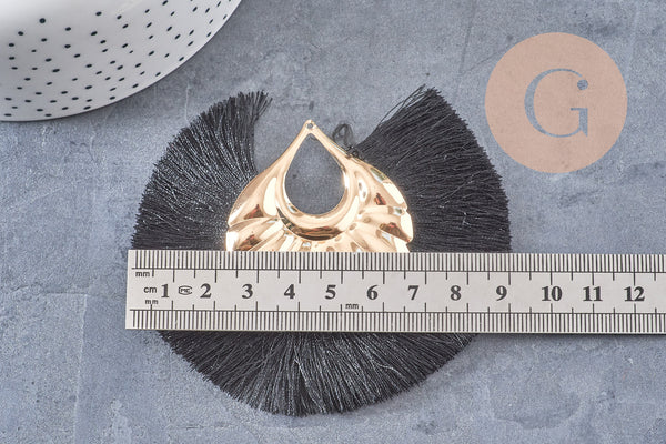 Pendentif large pompon fil noir support doré,pendentif en fil sur support doré, 85-92mm, x2 (G4533)