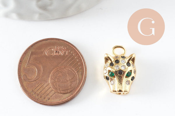 Pendentif léopard laiton doré 18K zircons multicolore 16mm, x1 (G4458)