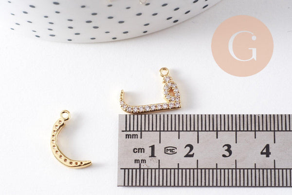 Pendentif lettre arabe cristal blanc laiton doré 18K 15-18mm, x1 (G10494)