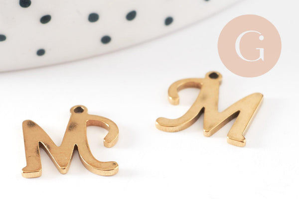 Pendentif lettre initiale M majuscule acier inoxydable 201 doré PVD 12mm, x1 (G9381)