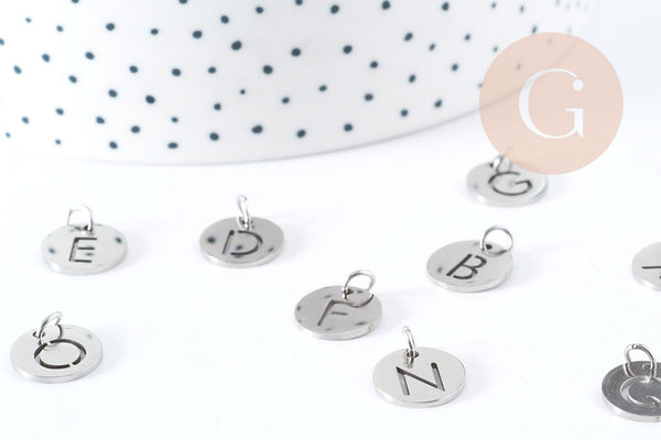 Pendentif lettre initiale acier 201 inoxydable platine sans nickel 12mm, x1 (G8969)