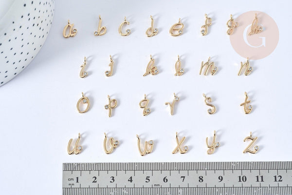 Pendentif lettre initiale laiton doré zircon blanc 11mm, x1 (G7946)