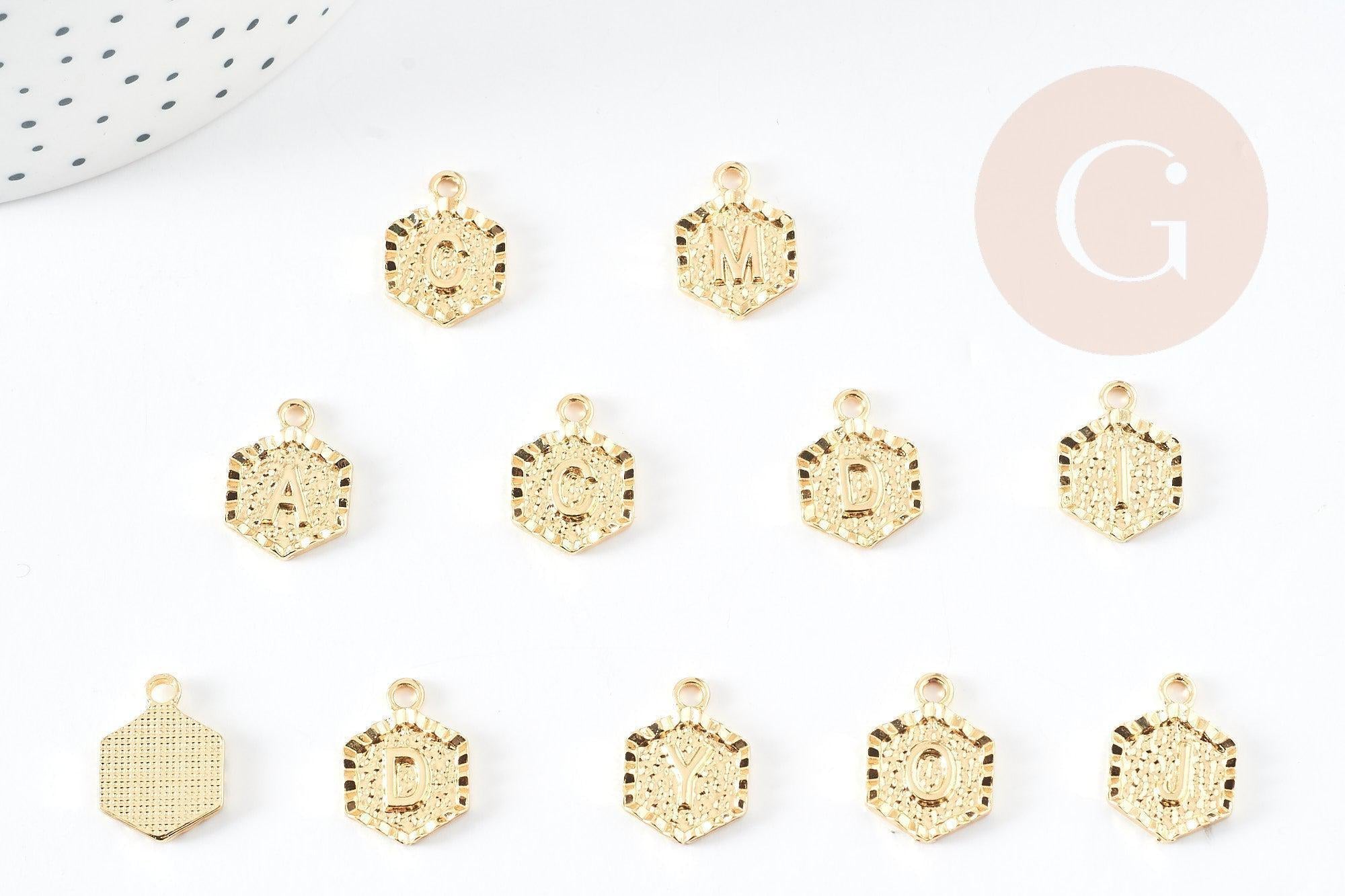 Pendentif lettre initiale zamac doré 18k sans nickel hexagone 17.5mm,pendentif initale lettre mot prenom,à x1,x1 G3463