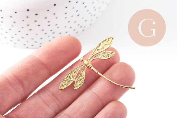 Pendentif libellule laiton brut 43mm, fournitures bijoux, breloque laiton brut, pendentif laiton brut, x2 (G1481)