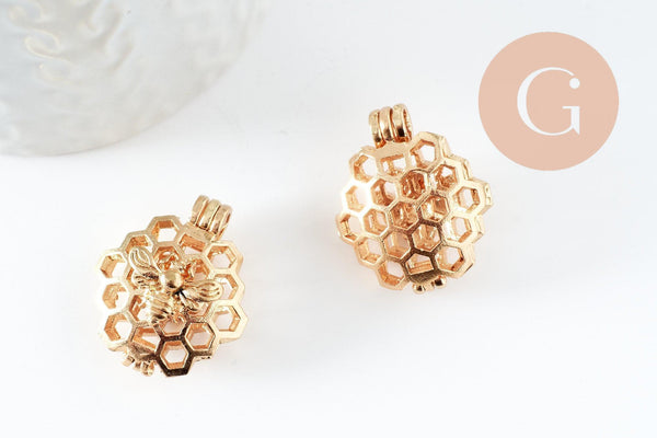 Pendentif locket cage abeille zamac doré, création sautoir, pendentif à ouvrir,26mm, x1 (G5248)