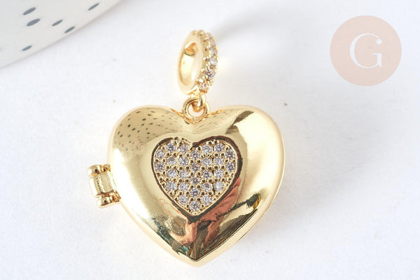 Pendentif locket cœur laiton doré 18K zircon blanc 19,5mm,pendentif qui s'ouvre pour création bijoux, x1 G7374