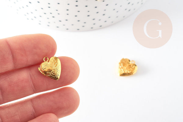Pendentif locket cœur medaillon doré, médaillon Vintage, création collier, pendentif amour doré,15.6mm, x2 G5294