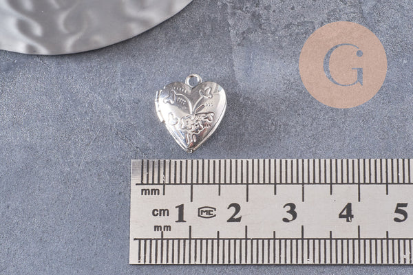 Pendentif locket cœur medaillon laiton argenté, médaillon Vintage, création collier, 15.6mm, x 2 (G3341)
