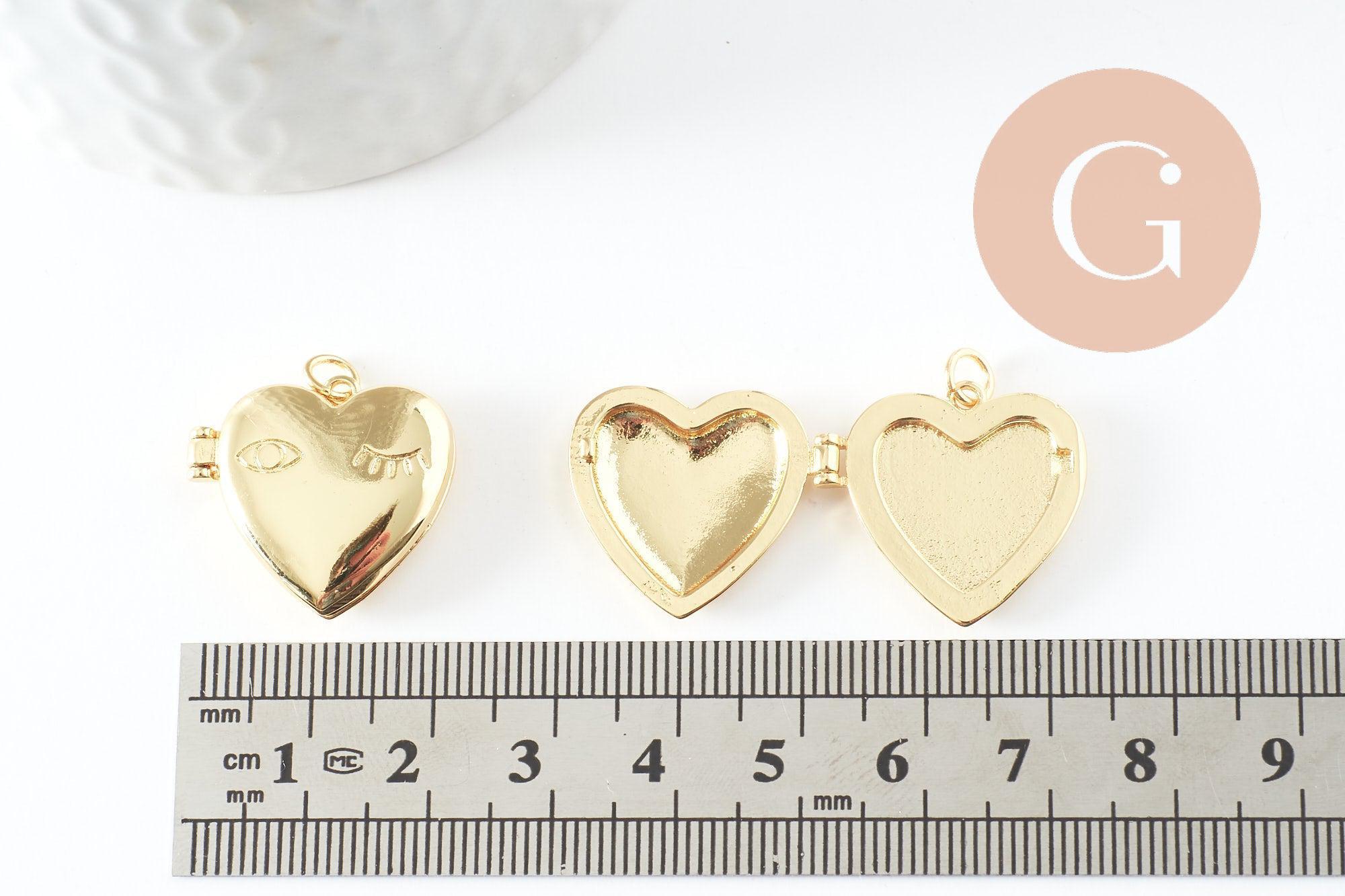 Pendentif locket cœur porte-photo laiton doré 18K 21-22mm, x1 (G9549)
