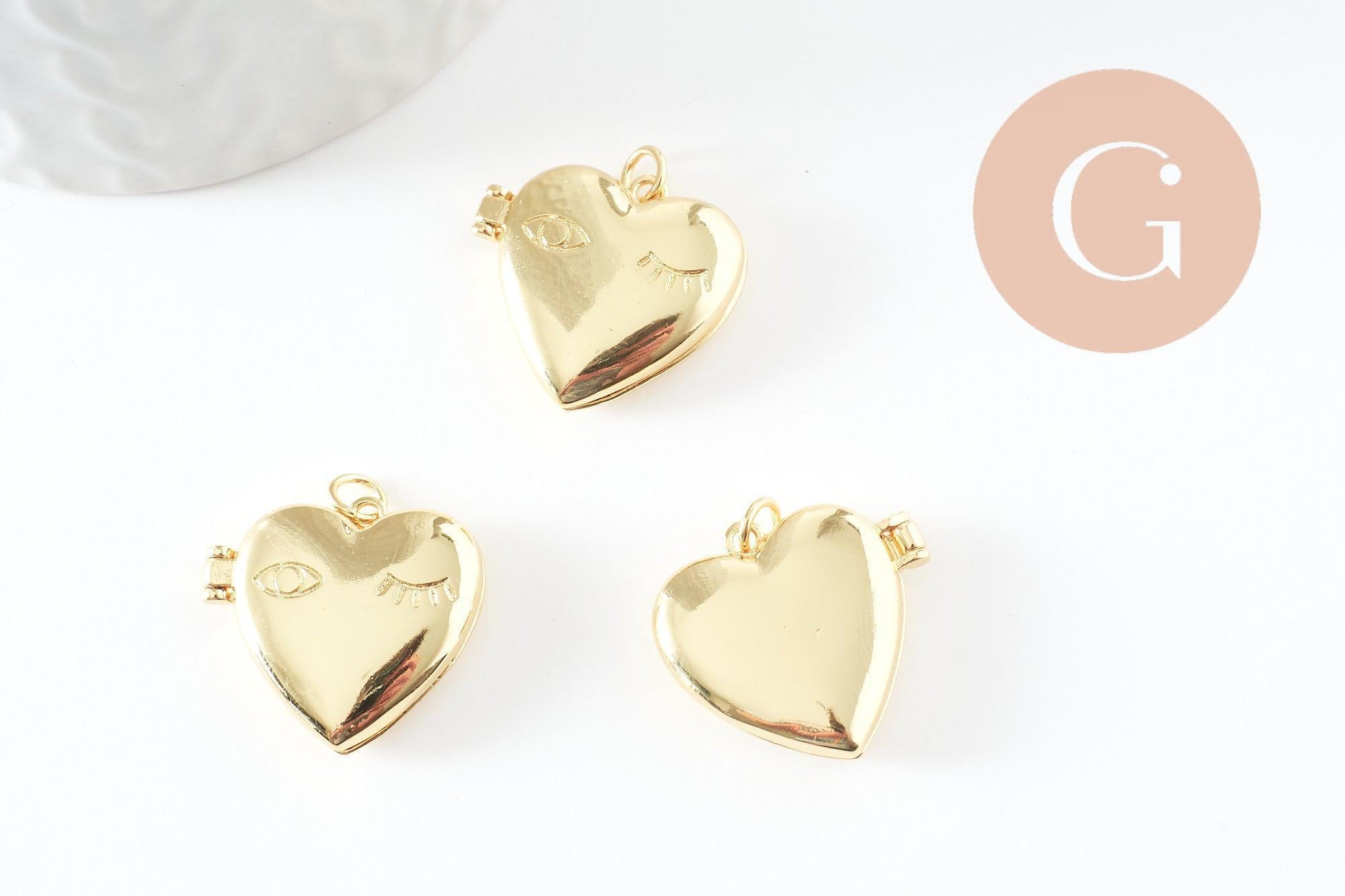 Pendentif locket cœur porte-photo laiton doré 18K 21-22mm, x1 (G9549)