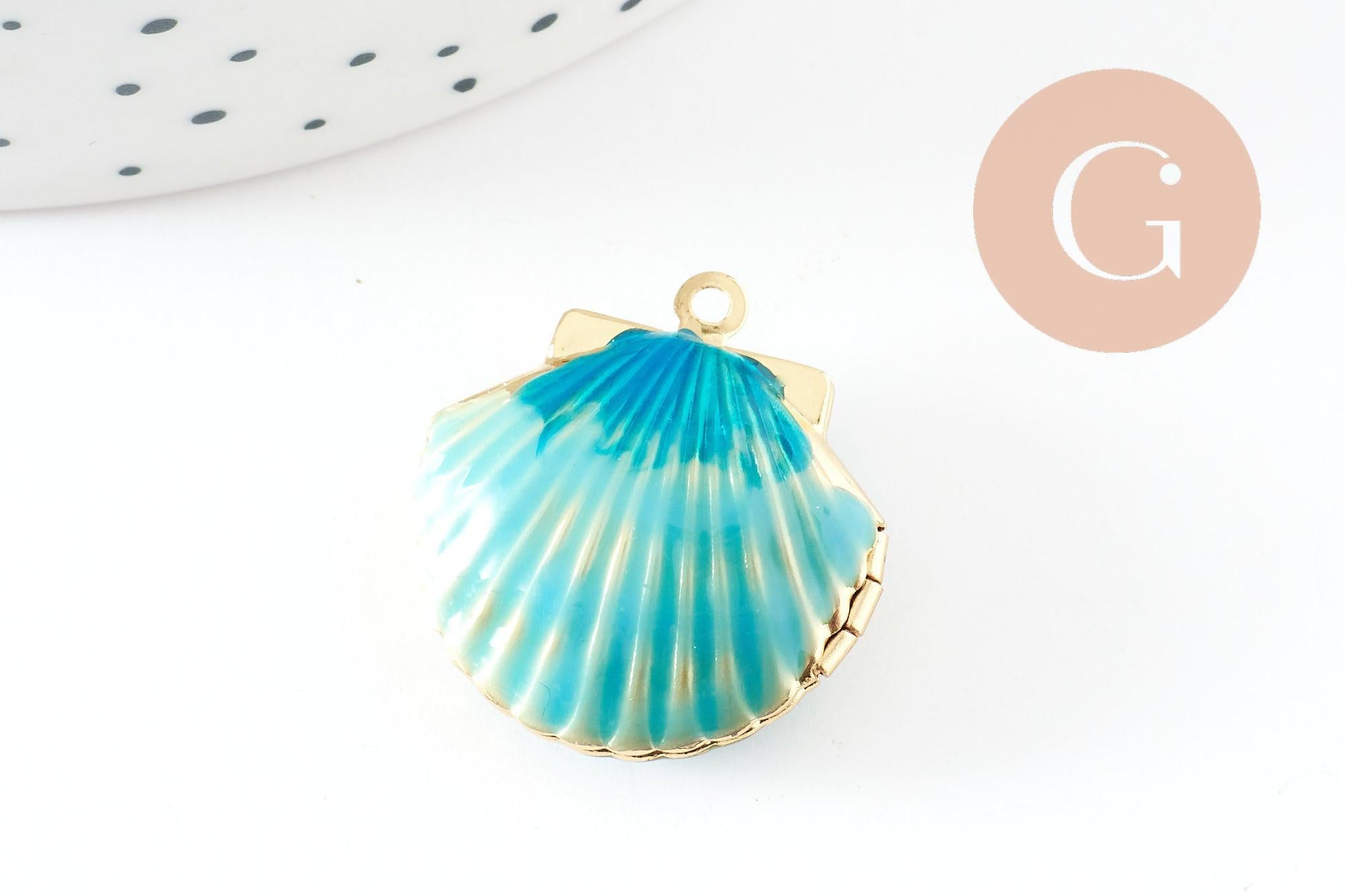 Pendentif locket coquillage laiton doré 18K émaillé 23.5mm, Pendentif création bijoux x1 G9551