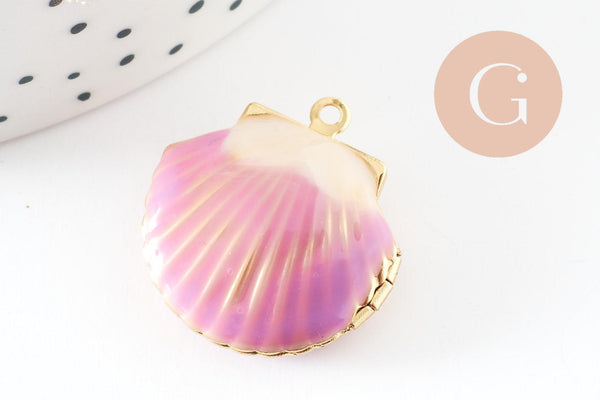 Pendentif locket coquillage laiton doré 18K émaillé 23.5mm, Pendentif création bijoux x1 G9551