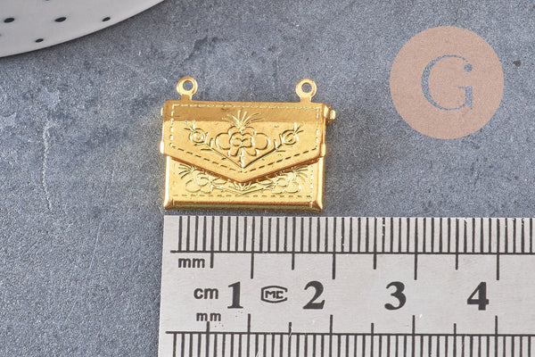 Pendentif locket enveloppe laiton doré 21.8mm, médaillon Vintage pour création collier x1 (G3321)