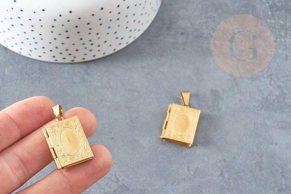 Pendentif locket livre acier 316 inoxydable doré 26mm, x1 (G6327)