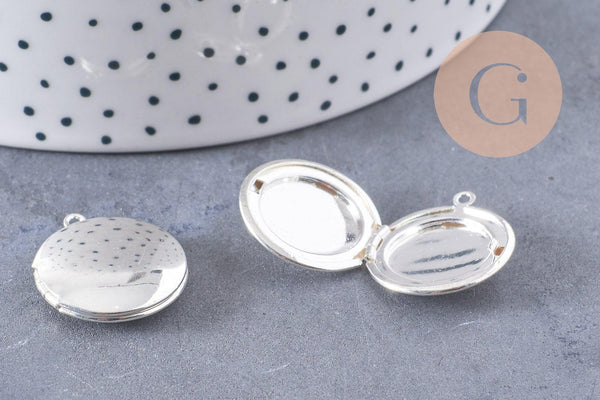 Pendentif locket medaillon zamac argenté 20mm, pendentif locket pour création bijou souvenir x2 (G1514)