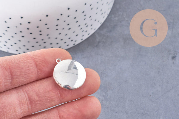 Pendentif locket medaillon zamac argenté 20mm, x2 (G1514)