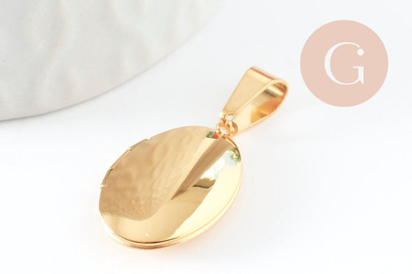 Pendentif locket ovale acier 316 inoxydable doré IP 18K 24mm, x1 (G9466)