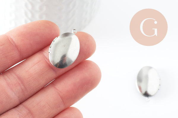 Pendentif locket ovale acier 316 inoxydable platine 24mm, x1 (G9450)