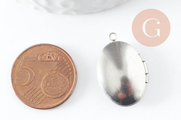 Pendentif locket ovale acier 316 inoxydable platine 24mm, x1 (G9450)