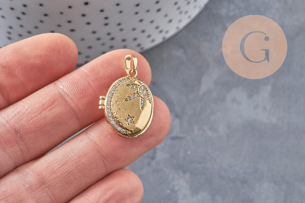 Pendentif locket ovale laiton doré 18K étoiles zircons 17mm, x1 (G10978)