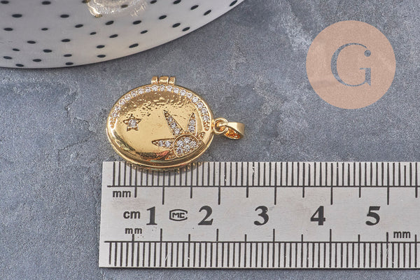 Pendentif locket ovale laiton doré 18K étoiles zircons 17mm, x1 (G10978)