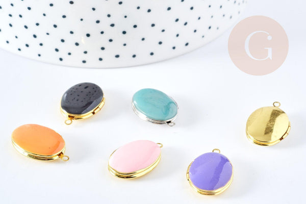 Pendentif locket ovale laiton doré ou argenté émaillé 24mm, x1 (G8606)