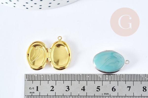 Pendentif locket ovale laiton doré ou argenté émaillé 24mm, x1 (G8606)
