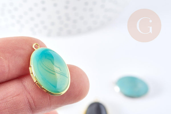 Pendentif locket ovale laiton doré ou argenté émaillé 24mm, x1 (G8606)