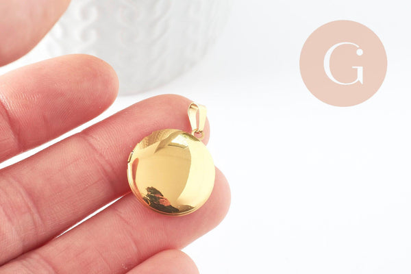 Pendentif locket rond acier 316 inoxydable doré IP 18K 23mm, x1 (G9461)