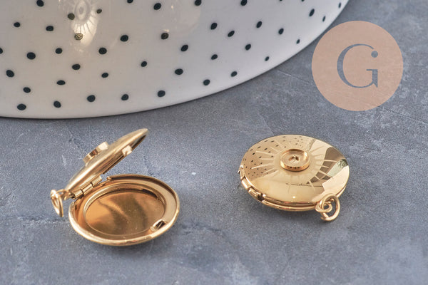 Pendentif locket rond gravé soleil acier 316 inoxydable doré IP 18K 23mm, x1 (G10972)