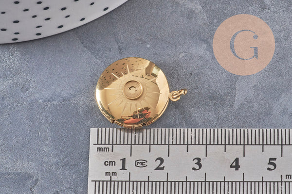 Pendentif locket rond gravé soleil acier 316 inoxydable doré IP 18K 23mm, x1 (G10972)