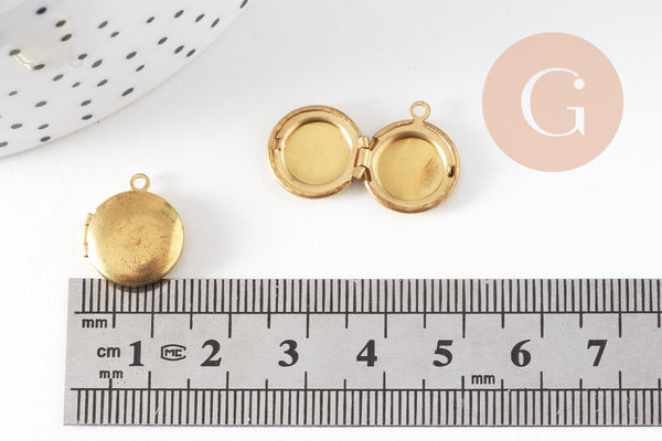 Pendentif locket rond medaillon laiton brut, médaillon Vintage,création collier, 12mm, x2 (G1038)