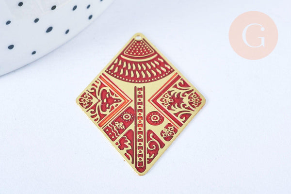 Pendentif losange gravé laiton doré email rouge 38.5mm, x1 (G6693)