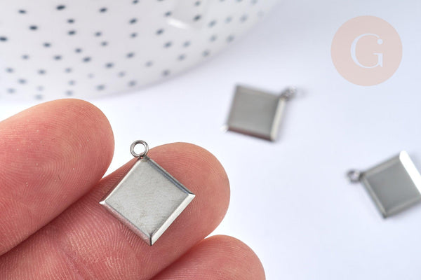 Pendentif losange support cabochon rond acier inoxydable argenté 17-18mm, x2 (G7246)