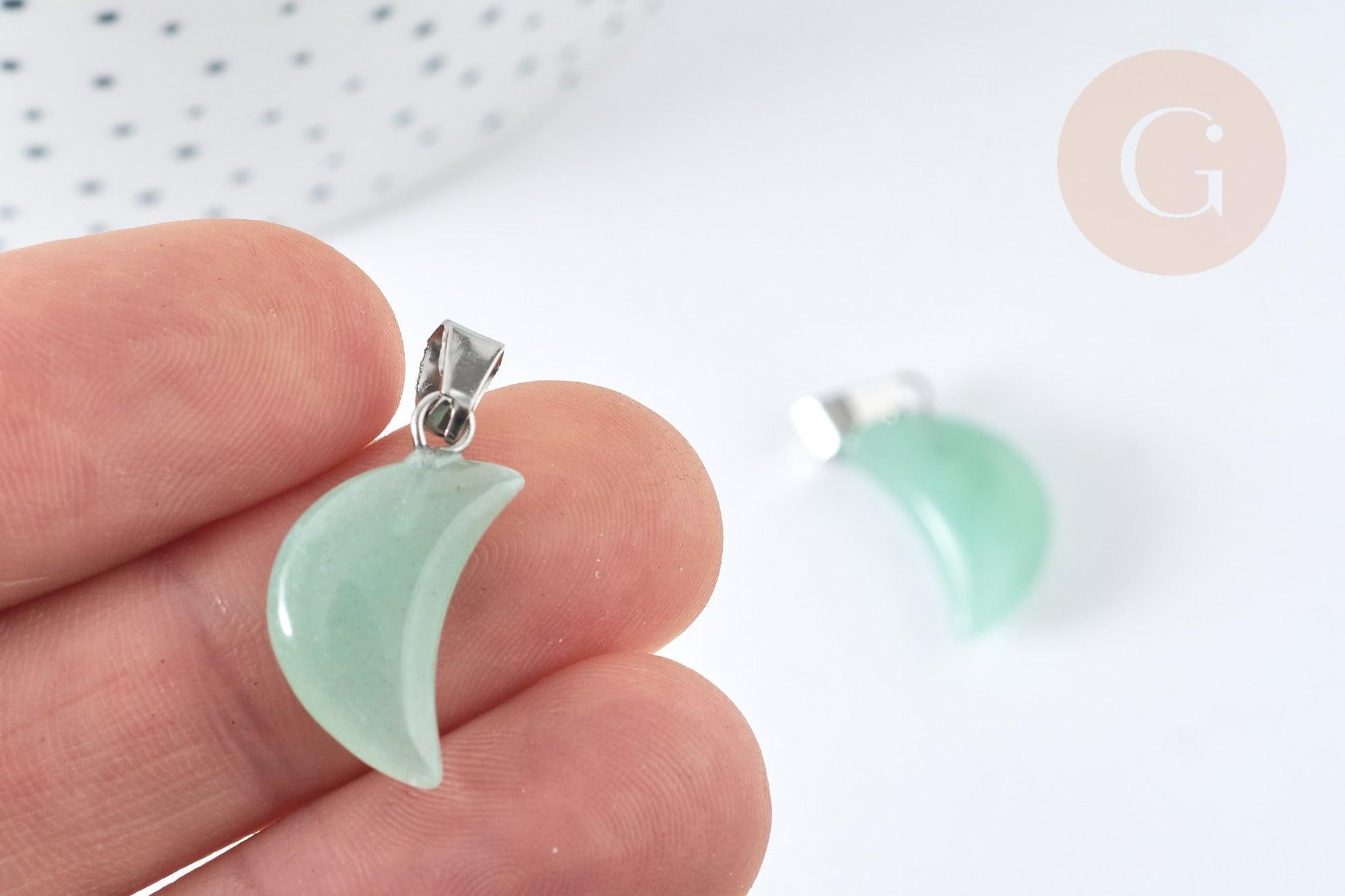 Pendentif lune aventurine verte naturelle support laiton argenté 29mm, pendentif lune bijou pierre naturelle, x1 (G7930)