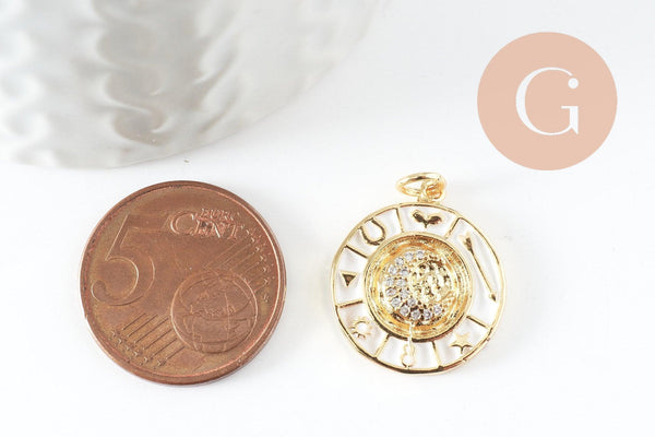 Pendentif lune doré 18K émail blanc zircon,pendentif lune doré horoscope,porte-bonheur,laiton doré,20mm, x1 (G5329)
