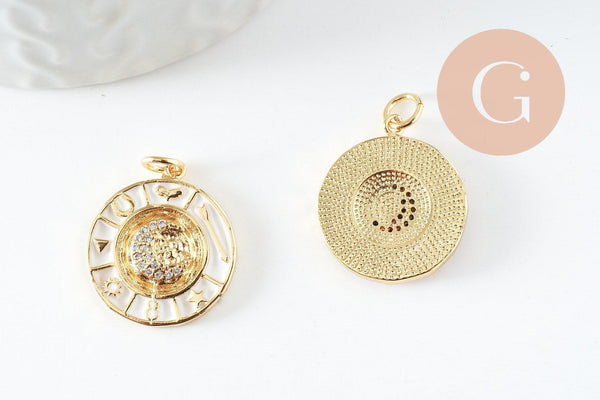 Pendentif lune doré 18K émail blanc zircon,pendentif lune doré horoscope,porte-bonheur,laiton doré,20mm, x1 (G5329)