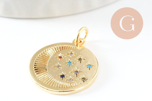 Pendentif lune doré 18K et zircon coloré,pendentif lune doré horoscope,porte-bonheur,laiton doré,20.5mm, x1 (G6200)