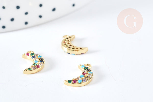 Pendentif lune doré cristal zircons multicolores 13.5mm, pendentif laiton doré amour création bijoux, x1 G8516