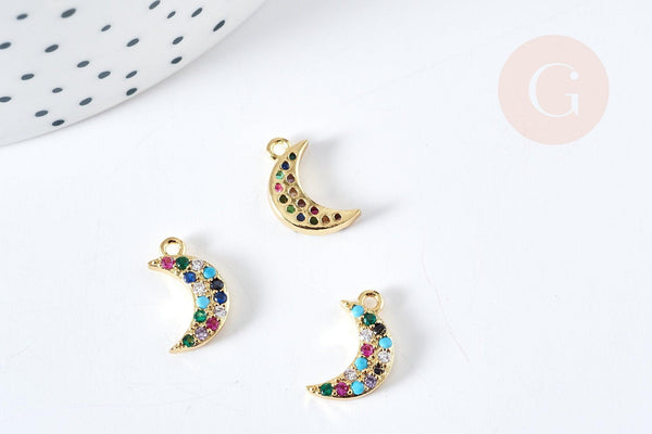 Pendentif lune doré cristal zircons multicolores 13.5mm, pendentif laiton doré amour création bijoux, x1 G8516
