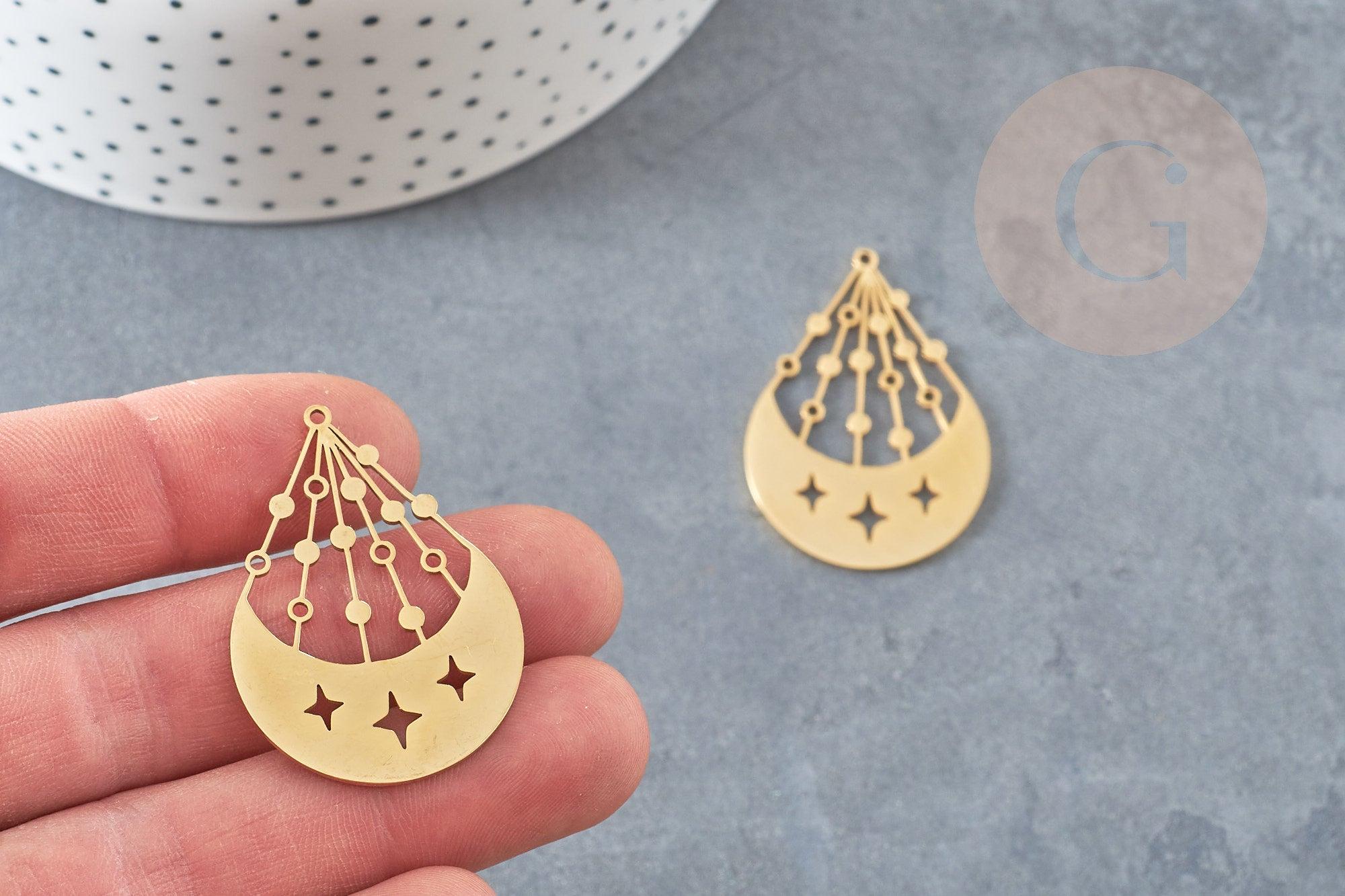 Pendentif lune et étoiles acier doré 39.5mm, breloque doré, acier inoxydable doré, pendentif sans nickel, création bijoux, x1, G6143