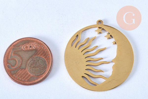 Pendentif lune et soleil acier 201 inoxydable doré 32mm, breloque acier inoxydable doré pour création bijoux, x1 G6187