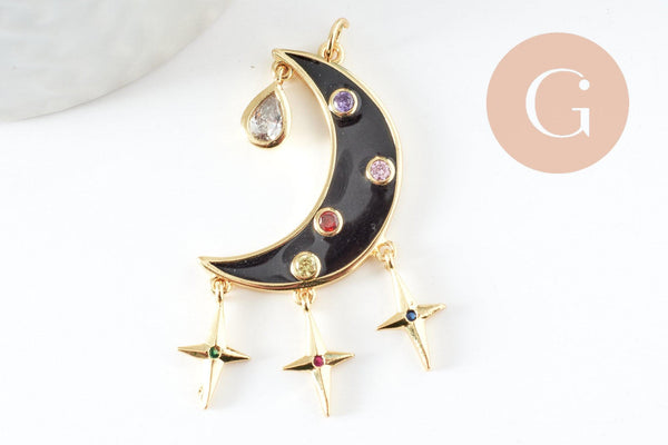 Pendentif lune étoiles émaillé laiton doré 45mm, x1 (G5335)