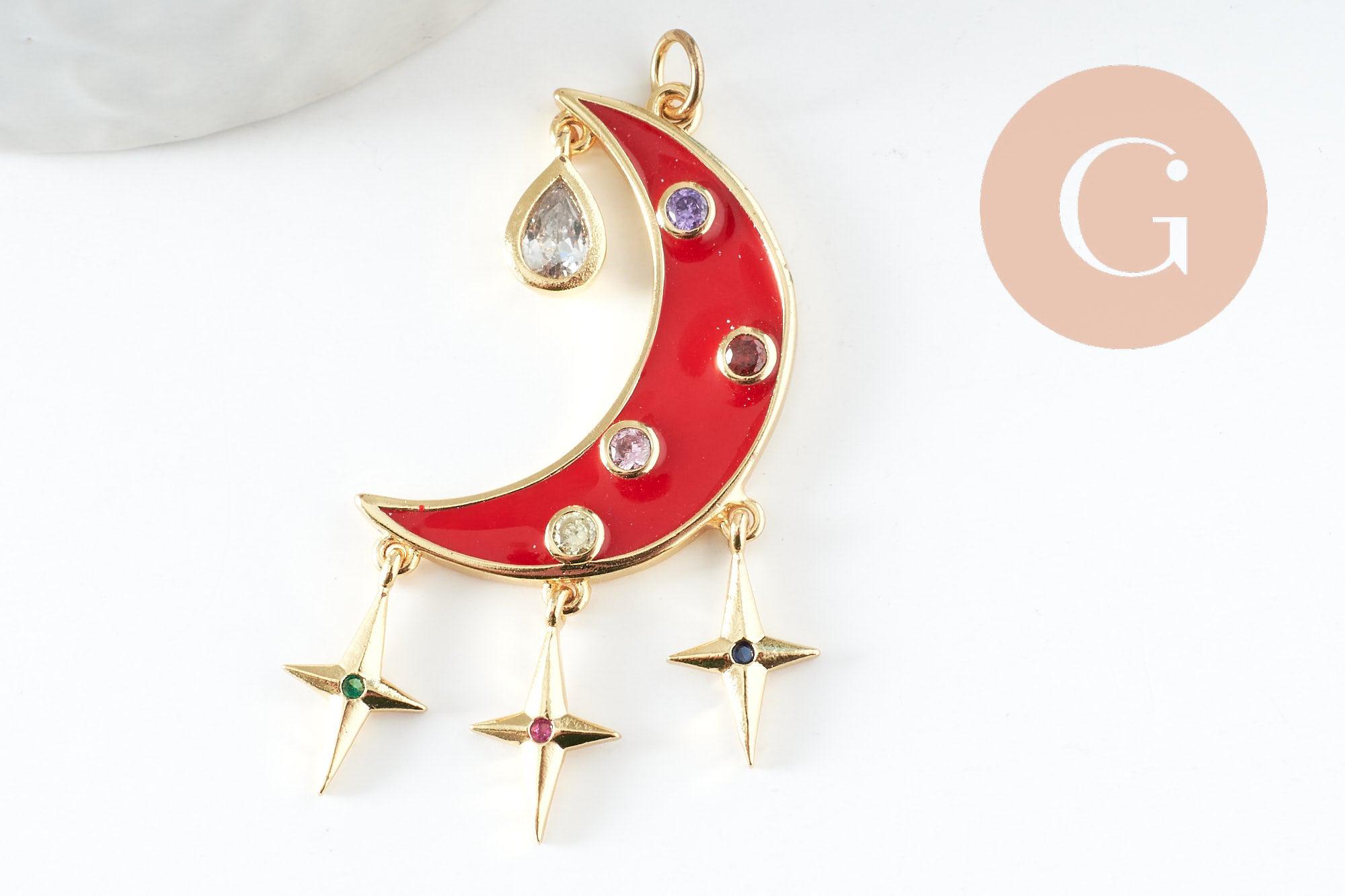 Pendentif lune étoiles émaillé laiton doré 45mm, x1 (G5335)