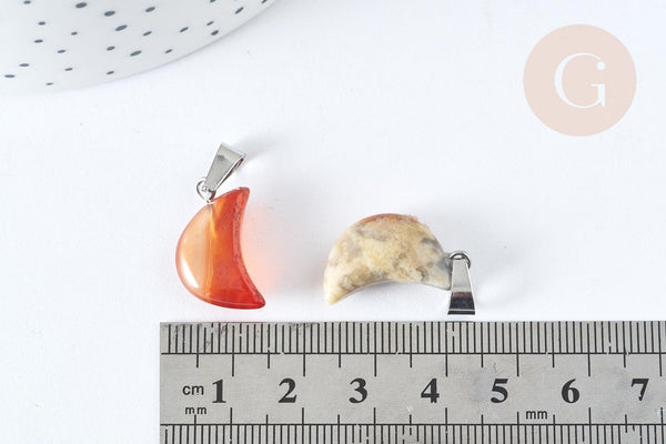 Pendentif lune pierre naturelle support laiton platine 21~24mm, pendentif lune bijou pierre naturelle, x1 G(7957)